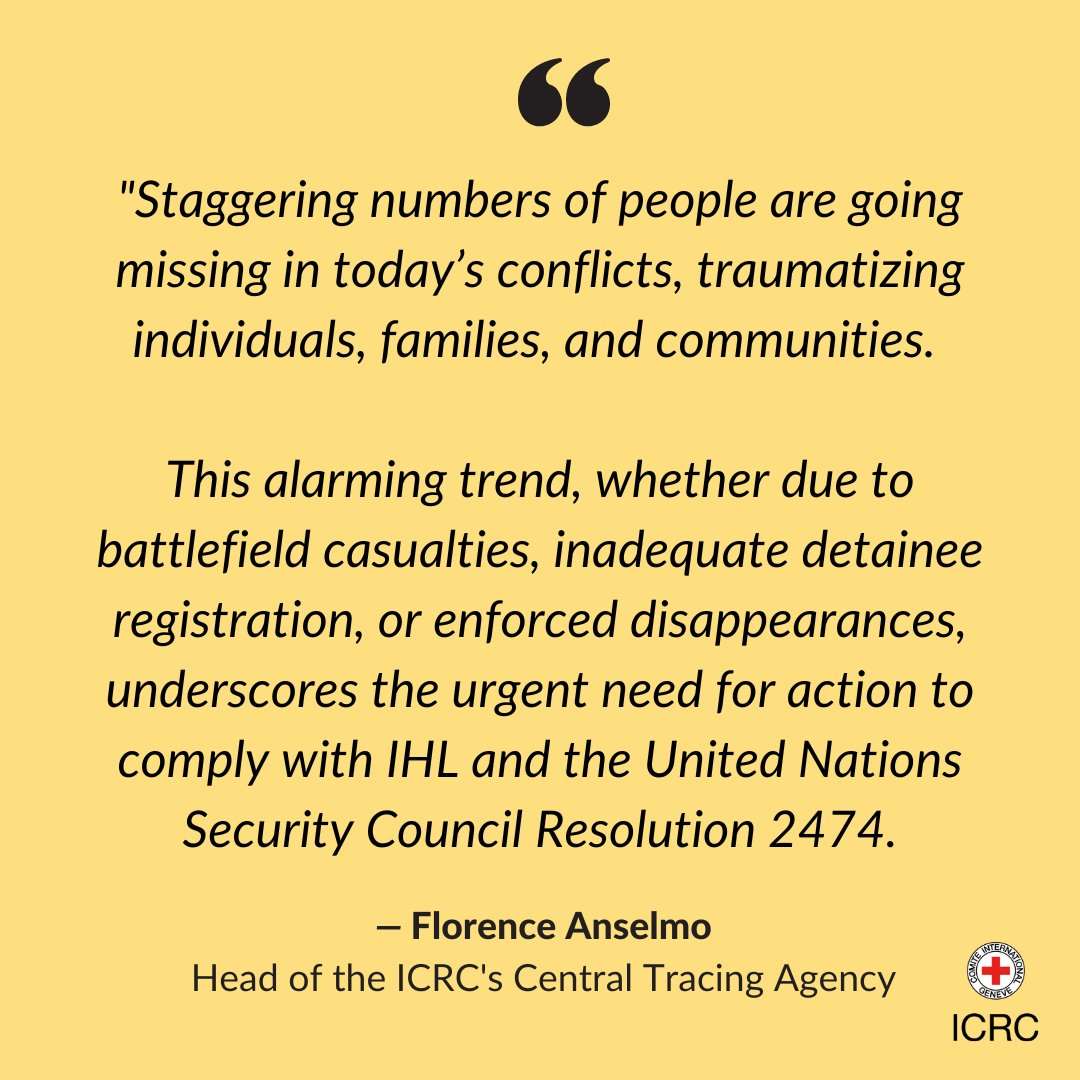 We have registered 40,000 cases of missing persons in 2023, more than in any other year in the last two decades.

Read <a href="/AnselmoFlorence/">Florence Anselmo</a> statement delivered at the Arria-Formula meeting at the UN Security Council on missing persons in armed conflict.

Link👉🏽ms.spr.ly/6018YvS2a