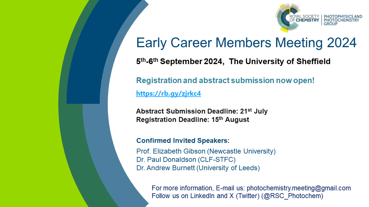 RSC Photophysics & Photochemistry Group (@rsc_photochem) on Twitter photo Our <a href="/RoySocChem/">Royal Society of Chemistry</a> #EarlyCareer Members #Meeting is back on! And this time at <a href="/sheffielduni/">The University of Sheffield</a> in September!
Come join us, we are now accepting abstract submissions!
Abstract submission deadline: 21/07
Registration deadline: 15/08
Link: rb.gy/zjrkc4 Our <a href="/RoySocChem/">Royal Society of Chemistry</a> #EarlyCareer Members #Meeting is back on! And this time at <a href="/sheffielduni/">The University of Sheffield</a> in September!
Come join us, we are now accepting abstract submissions!
Abstract submission deadline: 21/07
Registration deadline: 15/08
Link: rb.gy/zjrkc4