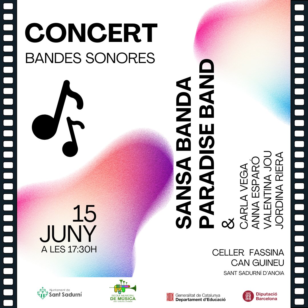 EMusicaSSadurni's tweet photo. 🎶 CONCERT Bandes Sonores 🎥
📅 Dissabte 15 de juny
⏲ a les 17:30 h
📌Celler Fassina Can Guineu
Actuacions de la SANSA BANDA i la PARADISE BAND acompanyats de la Carla, l'Anna, la Valentina i la Jordina.
#escolademusica #santsadurni #bandasonora #bandamusical #concert https://t.co/6KDkly6ryw