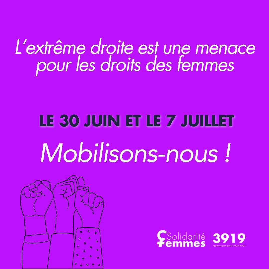 SolidariteFemme's tweet photo. La disparation du 3919, c’est 98 000 appels de femmes victimes auxquels on ne pourra plus répondre ! ⚠️

L’extrême droite est une menace les droits des femmes. 

Le 30 juin et le 7 juillet mobilisons-nous ! 💪 https://t.co/SDJa9CHiiZ