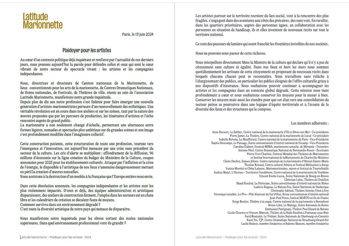 𝗣𝗹𝗮𝗶𝗱𝗼𝘆𝗲𝗿 𝗽𝗼𝘂𝗿 𝗹𝗲𝘀 𝗮𝗿𝘁𝗶𝘀𝘁𝗲𝘀
Défendre celles et ceux qui sont le cœur vibrant de notre secteur du spectacle vivant : les artistes et les compagnies indépendantes [...]
(Latitude Marionnette, 13 juin 2024)
latitude-marionnette.fr/600-2/