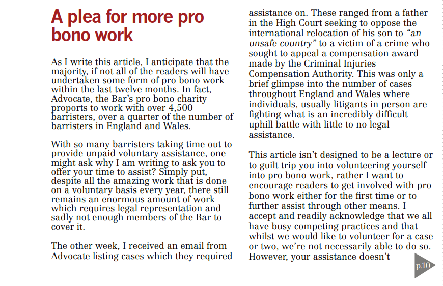 WeAreAdvocate's tweet photo. We are delighted to see this excellent piece written by Adam Singh Hayer of @UnitChambers encouraging barristers to get involved in pro bono work on the front cover of @theBarrister. 🎉

Thank you Adam for writing such a brilliant article about the power of #ProBono work! https://t.co/X05psLRuvz