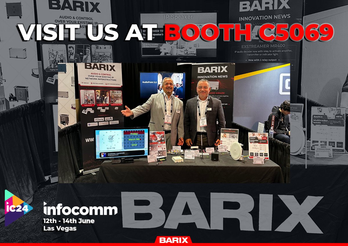 🤠 Greetings from Day 2 at <a href="/InfoComm/">InfoComm</a>! A big thank you to everyone who has visited our #boothC5069 so far. 

🔊 If you haven't stopped by yet, we invite you to meet our Barix team, Reto Brader and Paulo Munoz, they are ready to assist you in English, German, or Spanish.