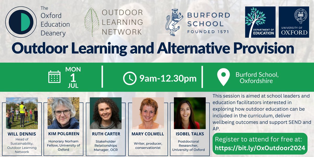 Department of Education, University of Oxford (@oxforddeptofed) on Twitter photo Are you an Oxfordshire/UK-based educator interested in outdoor education? 🌳
Join #OxEdDeanery's workshop to explore how outdoor learning can be included in the curriculum and support SEND and Alternative Provision
📅 1 July at <a href="/BurfordSchool/">Burford School</a>
Register for free ➡ Are you an Oxfordshire/UK-based educator interested in outdoor education? 🌳
Join #OxEdDeanery's workshop to explore how outdoor learning can be included in the curriculum and support SEND and Alternative Provision
📅 1 July at <a href="/BurfordSchool/">Burford School</a>
Register for free ➡