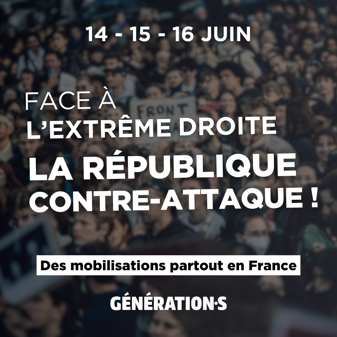 GenerationsMvt's tweet image. Face à l'extrême droite, la République contre-attaque !

Les 14, 15 et 16 Juin, nous seront mobilisé·es aux côtés des forces syndicales, associatives et politiques contre l'extrême droite et pour faire #FrontPopulaire ✊️