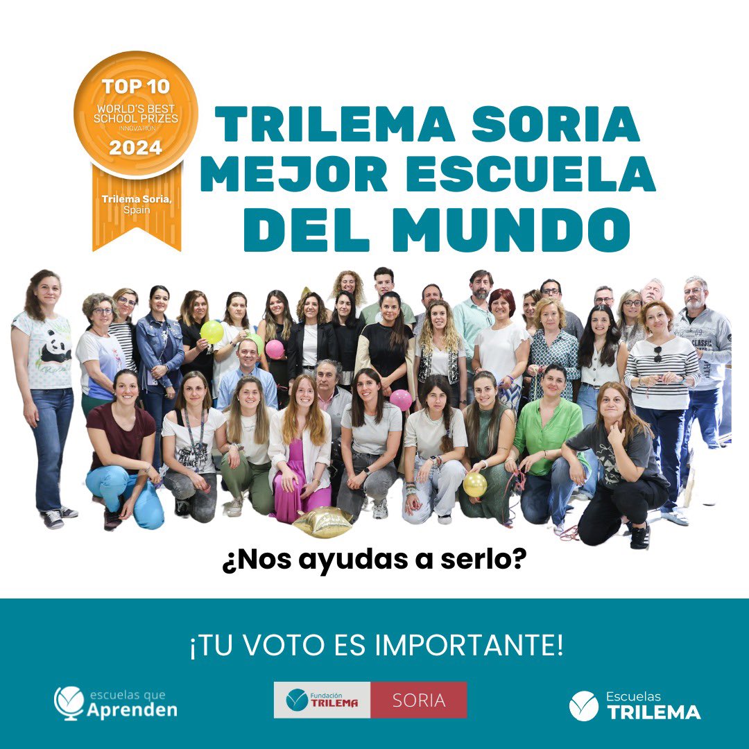 Nos enorgullece el reconocimiento de <a href="/T4EduC/">T4 Education</a> a @TrilemaSoria como una de las 10 MEJORES ESCUELAS DEL MUNDO en #innovación, capitaneando el #ModeloRubik que comparte con todas las #EscuelasTrilema y la @Red_EQAp 

📲 vote.worldsbestschool.org/public-vote-20… #StrongSchools #BestSchoolPrizes24