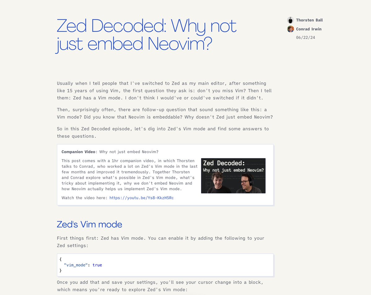 thorstenball's tweet photo. Ever wondered why Zed doesn't "just embed Neovim"?

And did you know that Zed actually uses Neovim in its codebase?

Today's Zed Decoded is for you. https://t.co/ppBCP4anE4