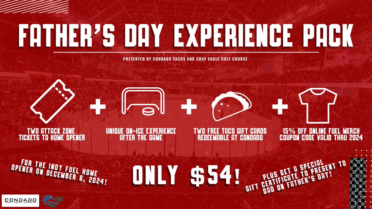 Need a last-minute gift for Father's Day? We got you 🔥

$54 gets you (2) tickets to the home opener with an on-ice experience, (2) free tacos at Condado Tacos, and 15% of Indy Fuel merch 👀

Get Dad everything he wants for Father's Day 🤌

🎟️ bit.ly/FuelFathersDay…