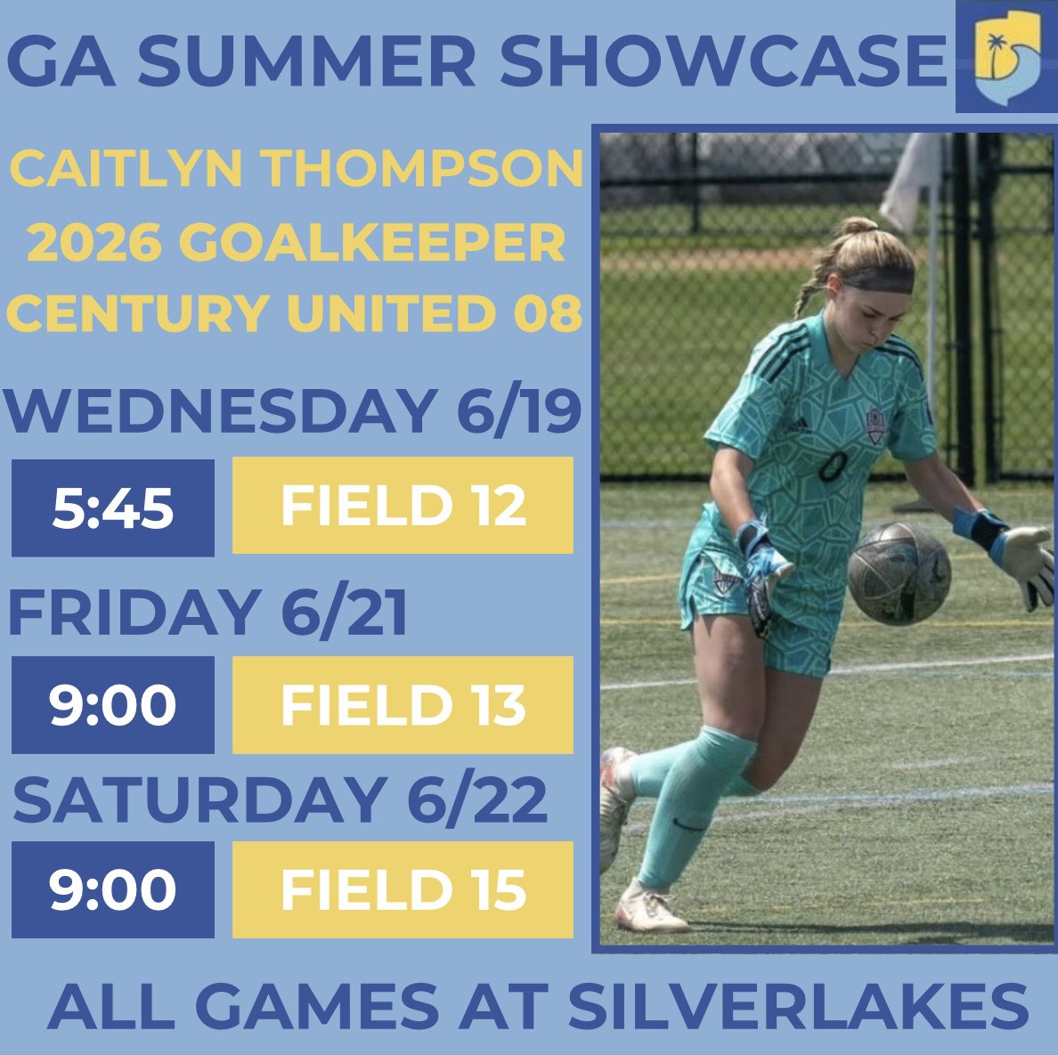 Excited to play with my <a href="/Century08GA/">Century 2008 GA</a> team at Norco, CA for the <a href="/GAcademyLeague/">Girls Academy</a> Summer Showcase! Check out our schedule below!
<a href="/ImYouthSoccer/">ECNL/GA/Recruiting/College Soccer</a> <a href="/TopDrawerSoccer/">TopDrawerSoccer</a> <a href="/PrepSoccer/">Prep Soccer ⚽️</a> <a href="/TheSoccerWire/">SoccerWire</a> <a href="/scoutingzone/">ScoutingZone®</a> <a href="/CoachEMarshall/">Erica Marshall</a> <a href="/Century_Utd/">Century United</a>