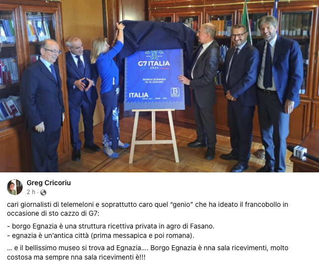 Francobollo in occasione del #G7
- #borgoEgnazia è una struttura ricettiva privata in agro di #Fasano
- Egnazia è un’antica città (prima messapica e poi romana).
… e il bellissimo museo si trova ad Egnazia…. Borgo Egnazia è una sala ricevimenti laterradipuglia.it/2022/arte-cult…