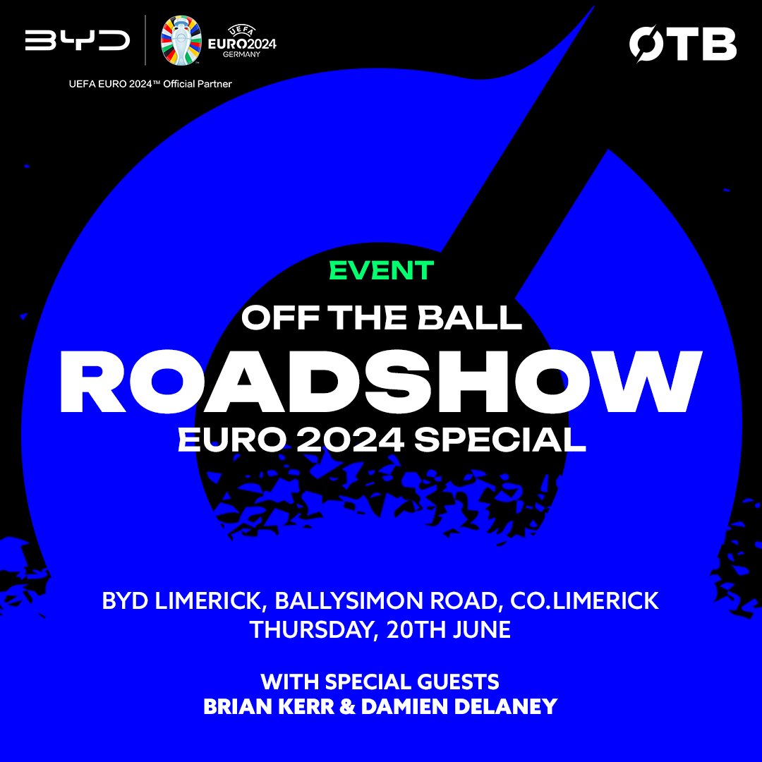 offtheball's tweet photo. 🚨Limerick⚽Fans📢

Fancy tickets to the #UefaEuro2024 semis in Germany?

Join OTB Breakfast + special guests Brian Kerr &amp; Damien Delaney @BYD_Ireland Limerick on June 20th, where attendees could win 2 x Semi final tickets!🇩🇪

Share &amp; tag your +1 to enter!

T&amp;C's apply

#BYD https://t.co/VxjX15v4EP