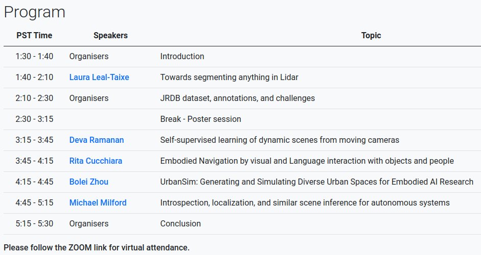 JRDB_Benchmark's tweet image. Are you planning to attend @CVPR? Join us at the Robot Visual Perception in Human Crowded Environments workshop!
Seattle Convention Center - Seattle , USA
Date: Tuesday, June 18
Time: 1:30 PM–5:30 PM
Room: Arch 210
More info: jrdb.erc.monash.edu/workshops/cvpr…