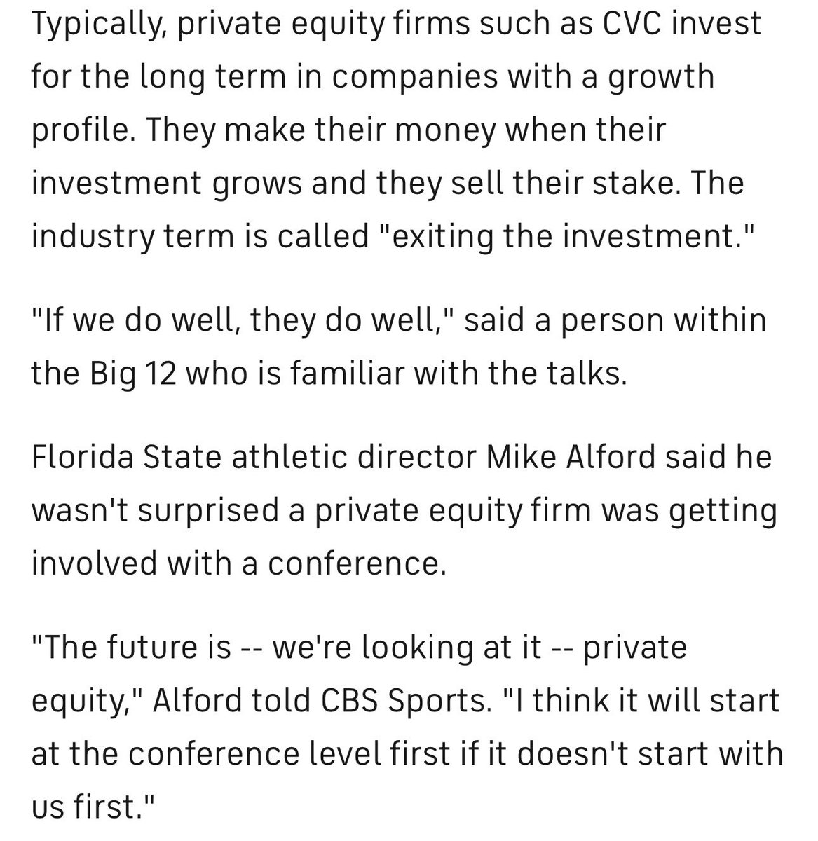 Private equity is coming to college athletics.

As detailed in this article, the Big 12 is considering an equity investment of up to $1 billion for 20% of the conference.

Another example demonstrating that college athletes are professional athletes.

cbssports.com/college-footba…
