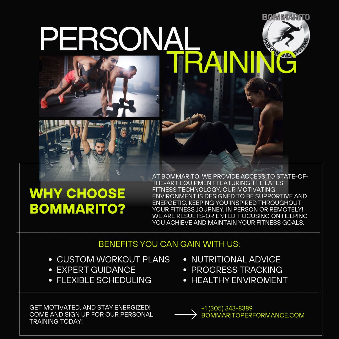 BOMMARITOS's tweet image. At Bommarito, our personal training programs offer comprehensive fitness support right at your fingertips in person and remotely!

#OnlineTraining #FitnessSupport #PersonalizedTraining #Bommarito #FitnessGoals #GetFit #WorkoutAtHome #FitnessJourney