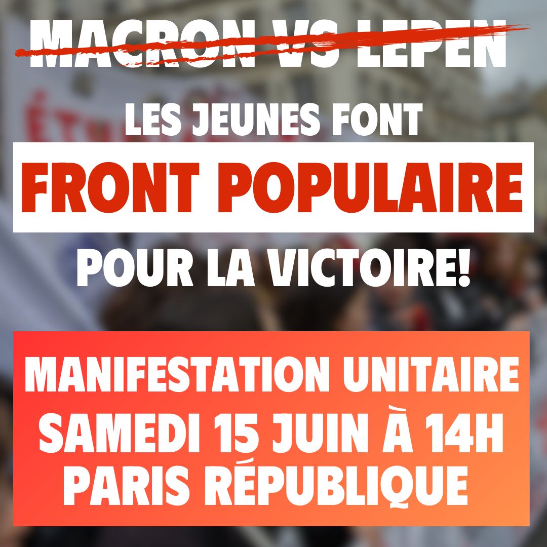 Marchons ensemble ce samedi à 14h place de la République !
Pour un un grand Front Populaire face à l'extrême droite. 
Nous défilerons avec les organisations de jeunesse, les syndicats, les partis du #FrontPopulaire et de nombreuses associations. 
#NouveauFrontPopulaire