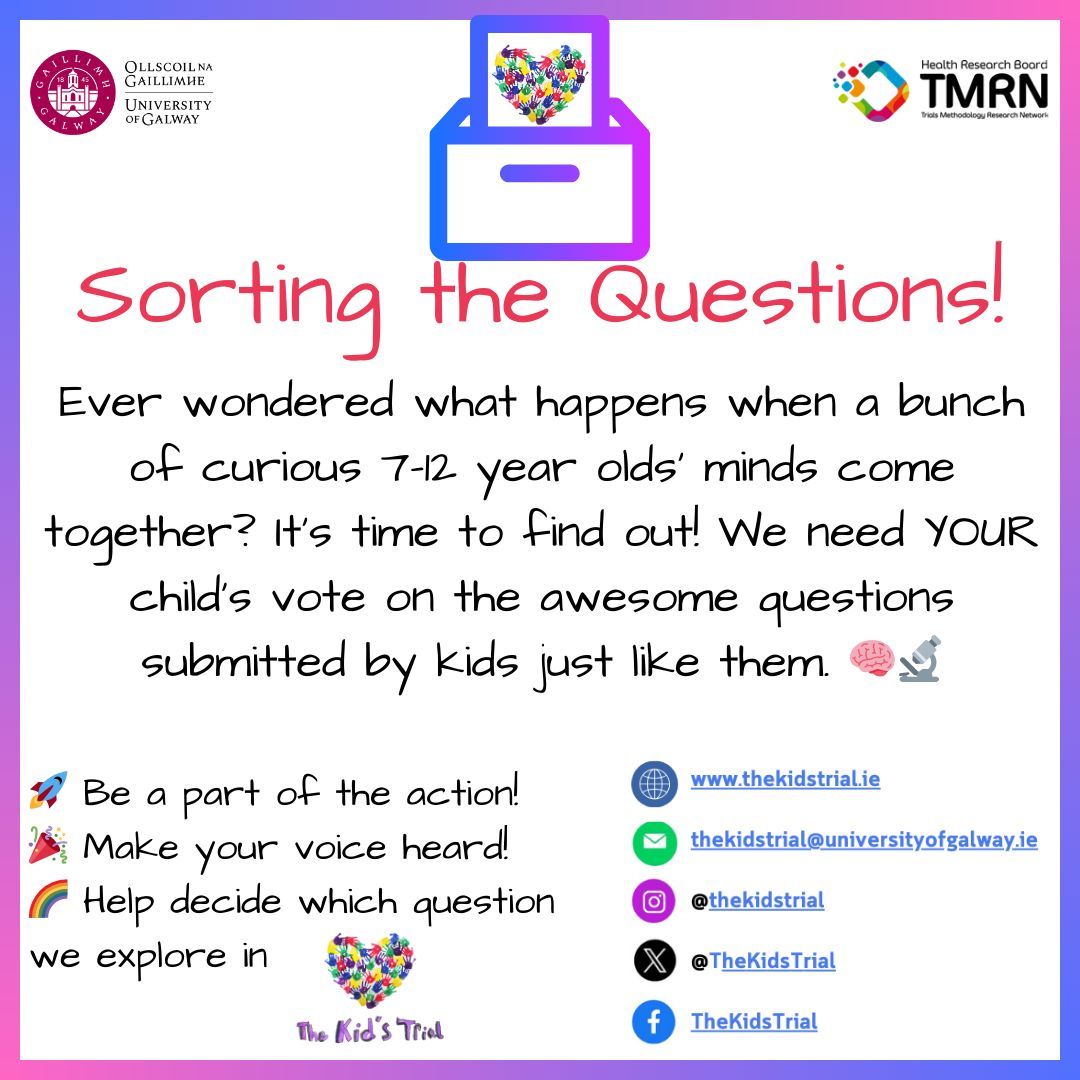 We need kids (7-12 yrs) to help us decide which question to try to answer in <a href="/TheKidsTrial/">TheKidsTrial</a>! If you know any budding scientists, then now is their time to create their own research project! It's easy, fast, online, and open to kids around the🌎!  #haveyoursay #clinicaltrials