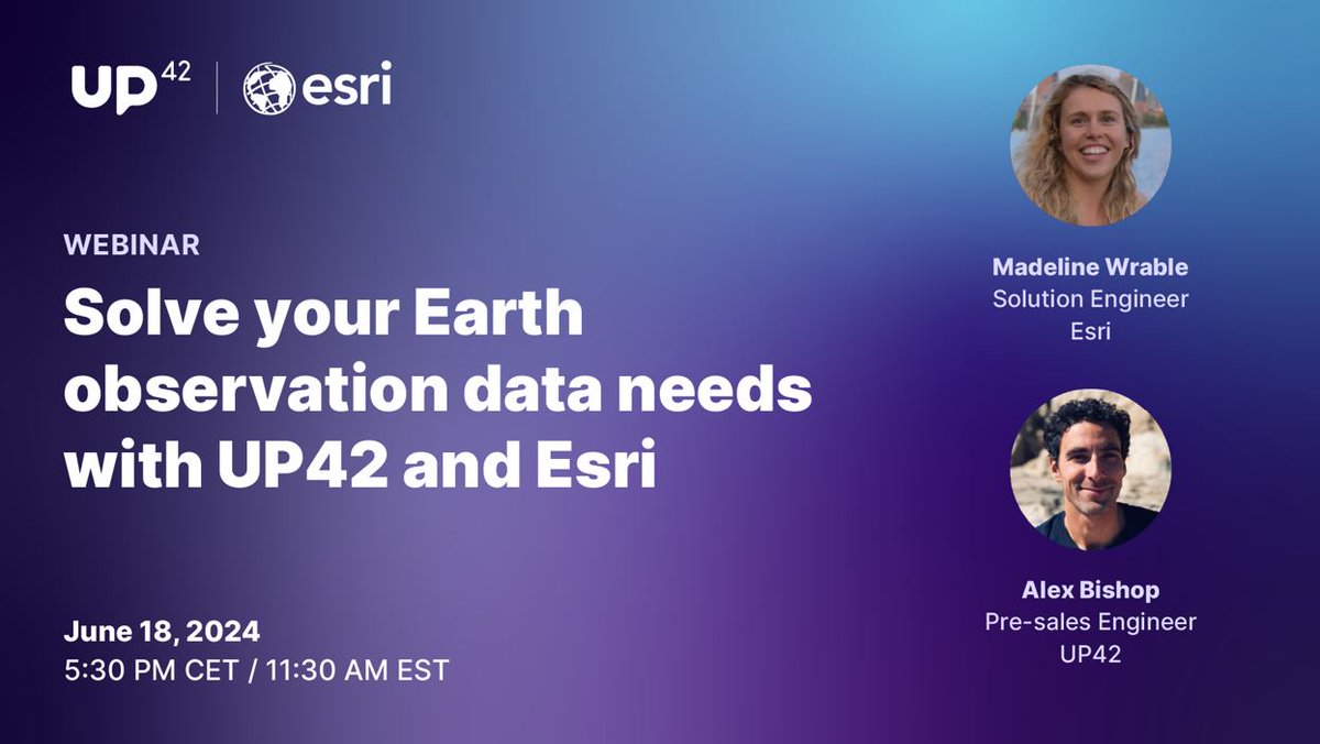 Live webinar with Esri and #EsriPartner #UP42!  
Includes:
👉 a real-world use case for ArcGIS users that shows how to make it easy to search and order imagery
👉 how to use UP42 directly through #ArcGISPro
👉 live Q&amp;A

Register 👇
esri.social/8Wnv50Si4yg