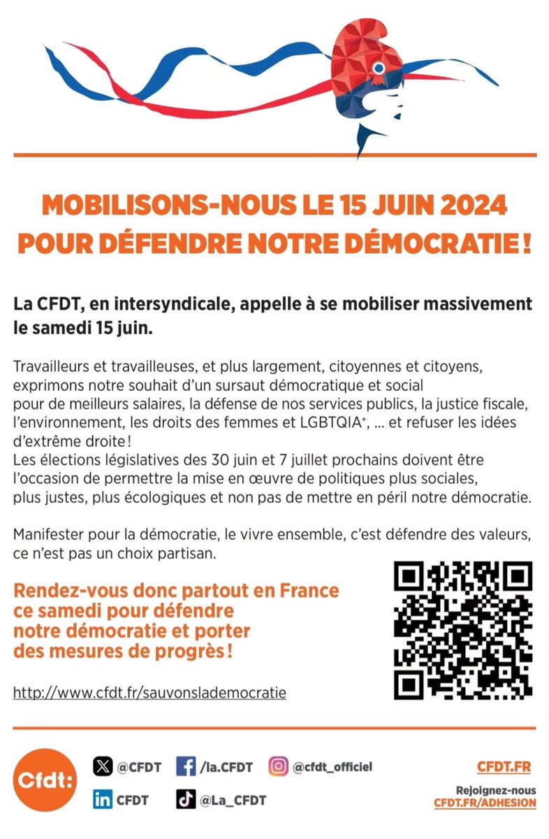 📢📢La <a href="/CFDTPaca/">Paca</a> , sur la base de l’appel intersyndical, appelle l’ensemble des travailleurs et travailleuses à se mobiliser massivement contre l'extrême droite le samedi 15 juin ! Tous les lieux de mobilisations 👇