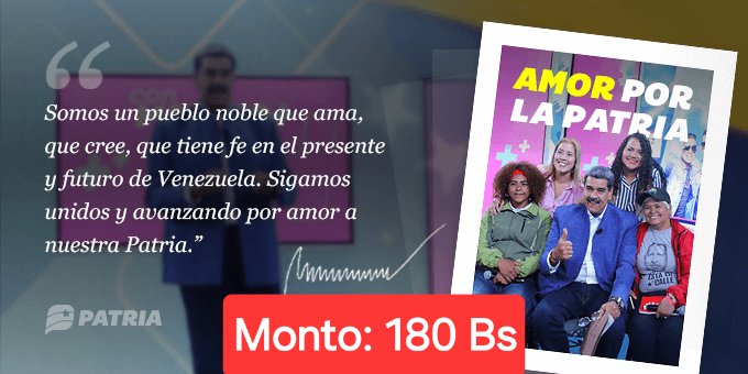 #VenezuelaPotencia
Inicia la entrega del Bono Amor por la Patria enviado por  el Presidente @NicolásMaduro a través de la Plataforma Patria. La entrega tendrá lugar entre los días 13 al 20 de mayo de 2024.