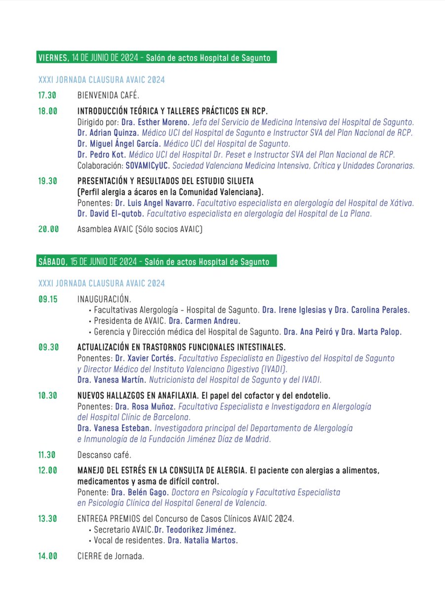 XXXI JORNADA DE CLAUSURA DE AVAIC
📅 Nos complace adjuntarles el programa de la XXI Jornada Clausura de la Asociación Valenciana de Alergología e Inmunología Clínica que se celebrará el próximo 14 y 15 de junio en el Hospital de Sagunto.
avaic.es/index.php/2024…