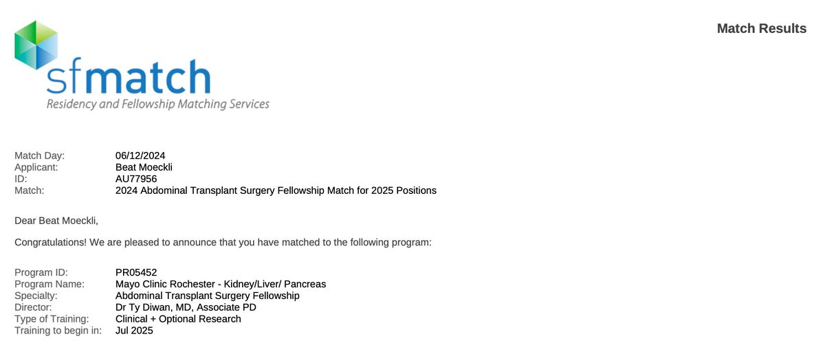 Thrilled to share that I matched at Mayo Clinic Rochester <a href="/MayoClinic/">Mayo Clinic</a> for a clinical fellowship in Abdominal Transplant Surgery 🏥 ! Indebted  to my mentors for their invaluable support and help throughout the match 🙏 , especially to Prof. Toso. <a href="/hug_ge/">HUG</a> <a href="/tydiwan/">Ty Diwan</a> <a href="/MCTransplntSurg/">Mayo Clinic Transplantation Surgery</a>