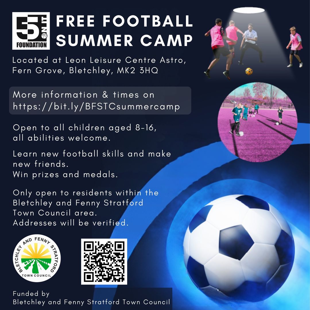 We are delighted to be running a free football camp at Leon Leisure this summer in partnership with and funded by <a href="/BFSTownCouncil/">Bletchley & Fenny Stratford Town Council</a> .  The camp is open to all children aged 8 - 16 yrs who live within the parish district.  Book at: bit.ly/BFSTCsummercamp