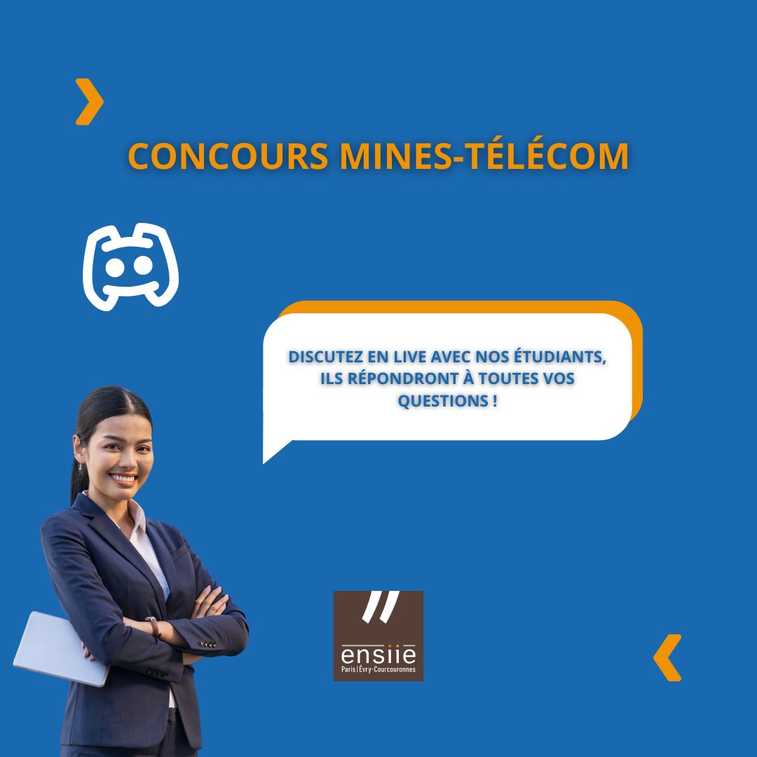 [Admissibles <a href="/Concours_MT/">Concours_MT</a>] 
Discutez en "live" avec les étudiants de l’ENSIIE, ils répondent à toutes vos questions. 💬     
▶️ sur le Discord du <a href="/BdE_ENSIIE/">BdE ENSIIE</a>
bde.iiens.net/discord

▶️ sur la page « admis2024 »
facebook.com/groups/1000879…?