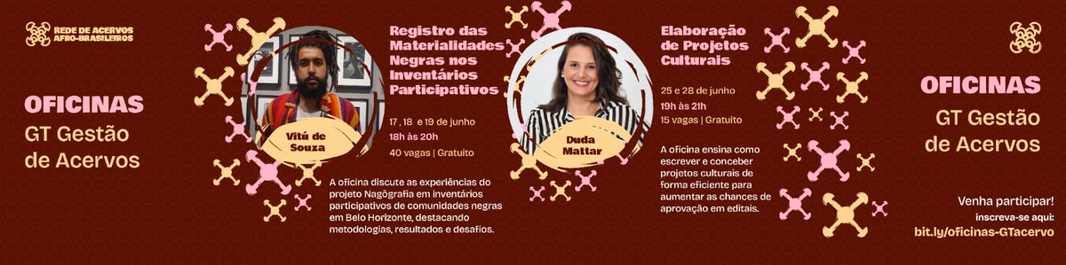 ipeafro's tweet photo. 📢 OPORTUNIDADE 
O GT de Gestão de Acervos da Rede de Acervos Afro-convida para as Oficinas: 1️⃣ "Registro das Materialidades Negras nos Inventários Participativos". Data: 17, 18 e 19 de junho das 18h às 20h. Ministrante: Vitú de Souza. Inscrição: https://t.co/pntC40Fzk4. https://t.co/1N8h4zwzoX