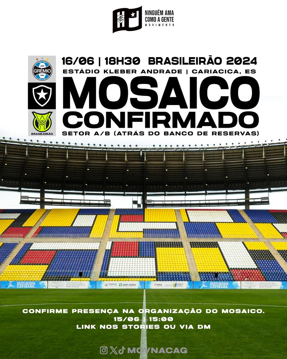 MovNacag's tweet photo. E AI CAPIXABAS, BORA?

Botafoguense, com intuito de demonstrar a força nacional da nossa torcida, estamos preparando um grande mosaico para o próximo jogo no Espírito Santo. Precisamos demais da ajuda de todos os botafoguenses da região para a montagem do mosaico que acontece um dia antes, no próprio estádio Kleber Andrade, a partir das 15 horas.
Para confirmar a sua presença no dia anterior na organização do mosaico, preencha o formulário com seus dados. É gratuito, tem lanche, só precisa de muito amor e vontade de fazer pelo Glorioso. Partiu?

https://t.co/uoi4LylVKv