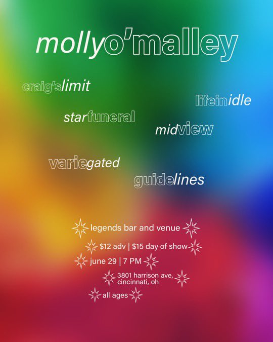 CINCINNATI, OH! 💫 On 6/29 we’ll be playing <a href="/LegendsBar513/">Legends Bar & Venue</a> with <a href="/mollyomalleyx/">molly</a> , Craigs Limit, @lifeinidle , <a href="/midviewband/">Midview</a> , Variegated, and Guidelines! See ya in 2 weeks! Thanks for letting us hop on this gig 🖤 💫