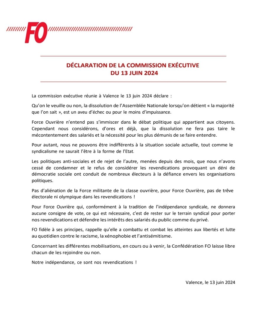 Déclaration de la Commission exécutive confédérale de FO
Pour FO, pas de trêve électorale ni olympique. 
Force Ouvrière réaffirme son indépendance et continuera à défendre les revendications des salariés et ses principes. 
force-ouvriere.fr/declaration-de…