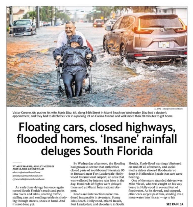 From today’s Miami Herald front page. 

But Florida Republicans would like for you to believe that the rain + flooding Floridians are experiencing is “normal” and just a part of “living in Florida.” 

Shame on y’all.