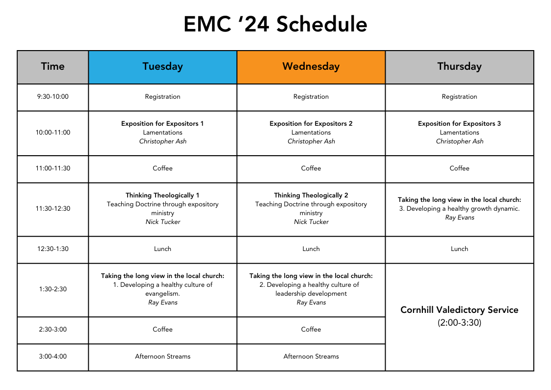 CornhillScot's tweet photo. Curious about the Expository Ministry Conference? Check out the schedule! 🗓️ The EMC is from June 25-27. Spots are filling fast, but you can still book! ✨

👉 https://t.co/s0R4ct4Zwl https://t.co/hNqRg1vRbf