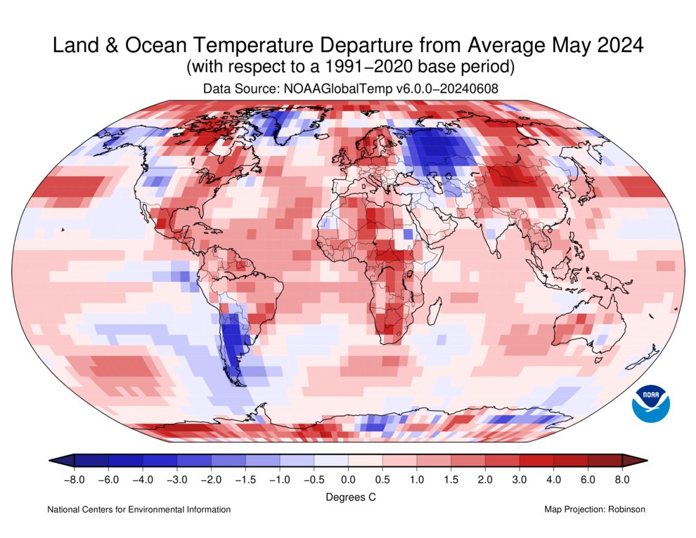 NOAA's tweet photo. (1 of 5) Just in: May 2024 was Earth’s warmest May on record.

The globe saw its 12th-consecutive month of record warmth.

https://t.co/YpVm5SfeS3

@NOAANCEI #StateOfClimate https://t.co/UoUC3ngC67