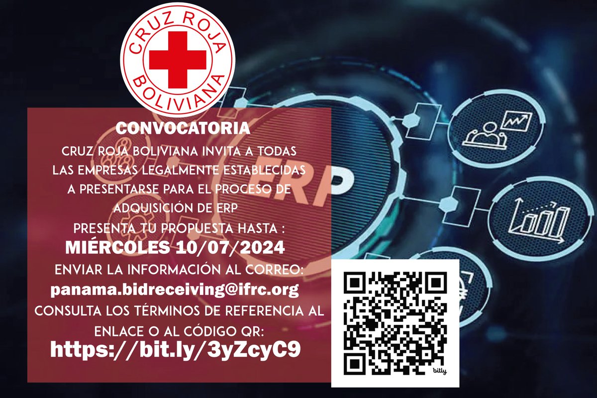 LICITACIÓN PÚBLICA
Se invita a todas las empresas legalmente establecidas para la adquisición de ERP.
Para más información ingresa a los Términos De Referencia:
bit.ly/3yZcyC9
Presenta tu propuesta hasta el Miércoles 10 de Julio del 2024.
#107años
#deaccionhumanitaria