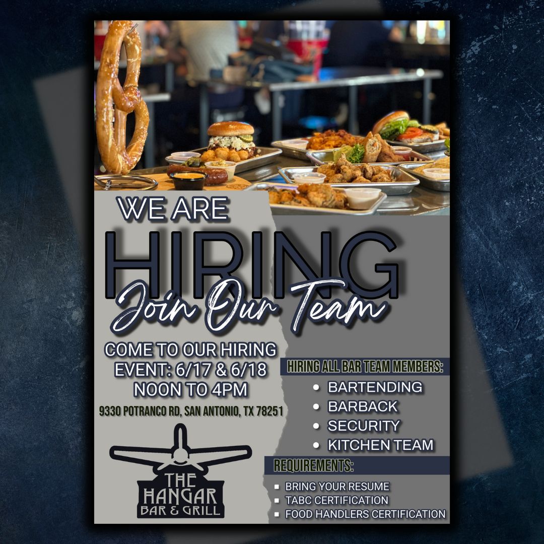 thehangarsa's tweet photo. As our opening is creeping up on us, we need to hire staff for our New Hangar Bar &amp; Grill- Potranco! So, on the 17th and 18th of this month, we will be having a hiring event! From Noon to 4pm on those days. Interviews on the spot! 

Bring your: 
Resume
TABC/Food Handlers Certs! https://t.co/eiC3I9MSXH