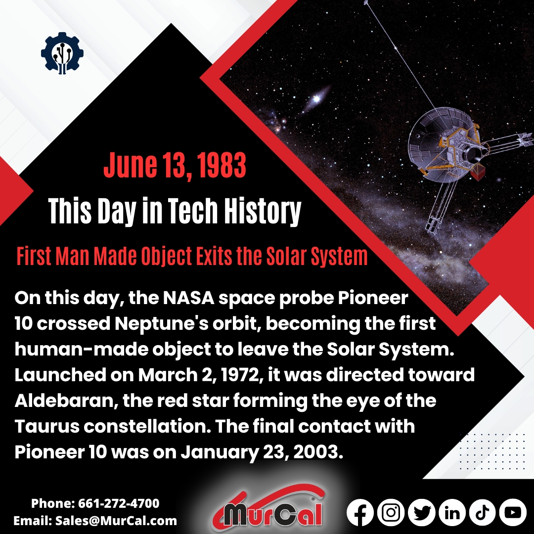 murcal's tweet image. Today in Tech History 🔧 by MurCal.com!

June 13, 1983: First Man Made Object Exits the Solar System

On this day, the NASA space probe Pioneer  10 crossed Neptune&apos;s orbit, becoming the first  human-made object to leave the Solar System.

#TodayInTechHistory #NASA