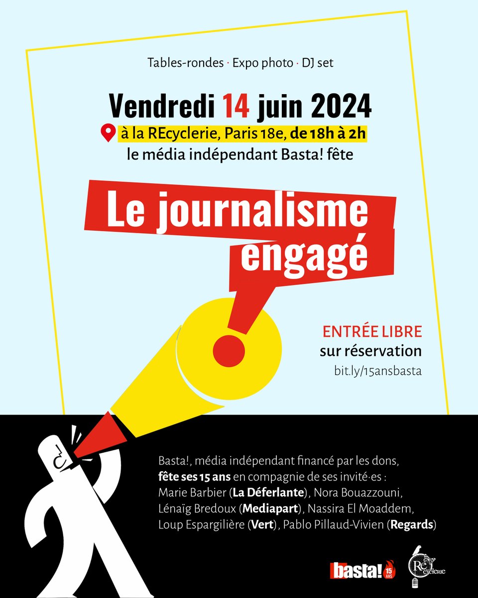 💃Basta! fête ses 15 ans demain à partir de 18h à <a href="/LaRe_cyclerie/">La REcyclerie</a> ! Vous avez pris votre place ? Pour s'inscrire (c'est gratuit) 👉 helloasso.com/associations/b…

Le programme détaillé et engagé de la soirée 👉 basta.media/evenement-bast…

À demain pour fêter le journalisme engagé !