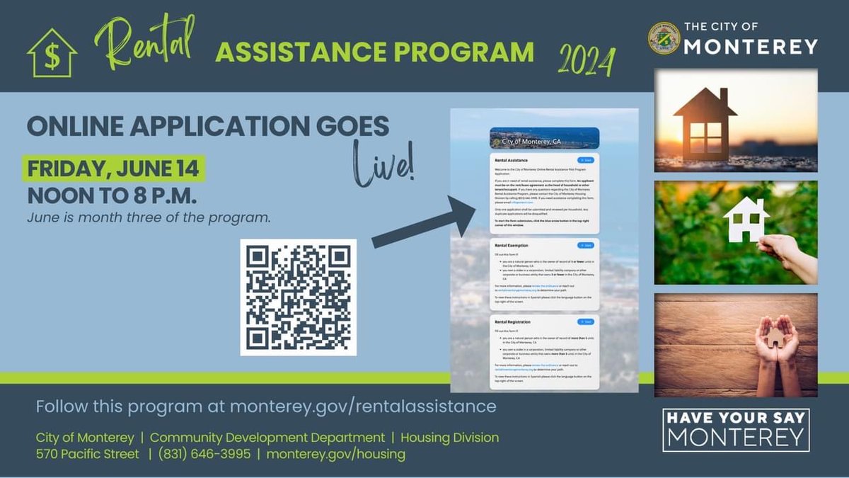 HRCMonterey's tweet photo. Be on the looked out for Monterey's Rental Assistance Program application that opens for one day, Friday, June 14, from 12:00 p.m. (noon) to 8:00 p.m. This program is for City of Monterey residents only. #montereyca #rentalassistance #housing

Details at
https://t.co/fFDo7Dfu0z https://t.co/qkzCoAsSmF