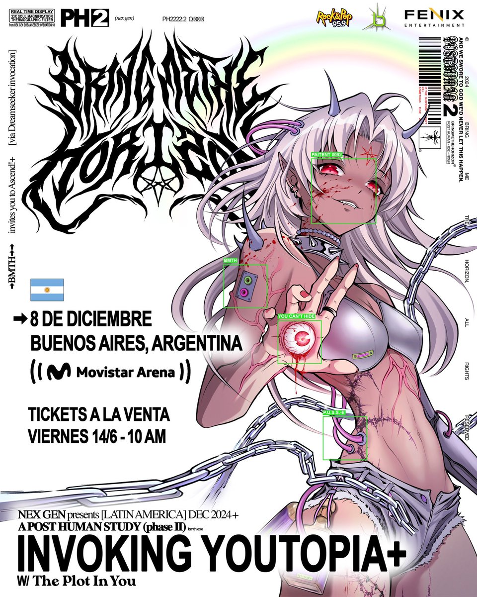 fenix_latam's tweet photo. ¿ESTÁN LISTOS?

El tan esperado regreso FINALMENTE ESTÁ ACÁ: BRING ME THE HORIZON llega a la Argentina 🇦🇷. 

La banda más 𓆩revolucionaria𓆪 del metal alternativo se presentará en el Movistar Arena el 8 de diciembre con INVOKING YOUTOPIA+ w/ The Plot In You https://t.co/fKiMwaMBbl