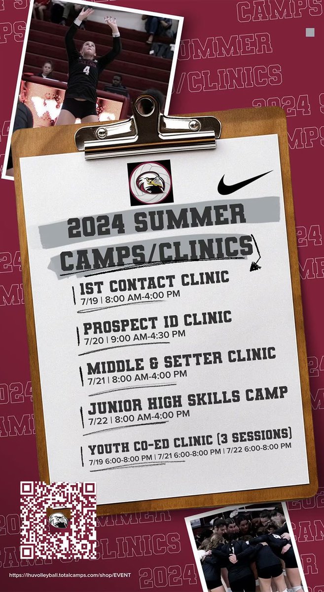 SIGN UP FOR SUMMER CAMPS AND CLINICS TODAY!!

7/19-7/22 We will have our summer camps and clinics you won’t want to miss! Go to 
lhuvolleyball.totalcamps.com/shop/EVENT for more info and to register!

See you there😁