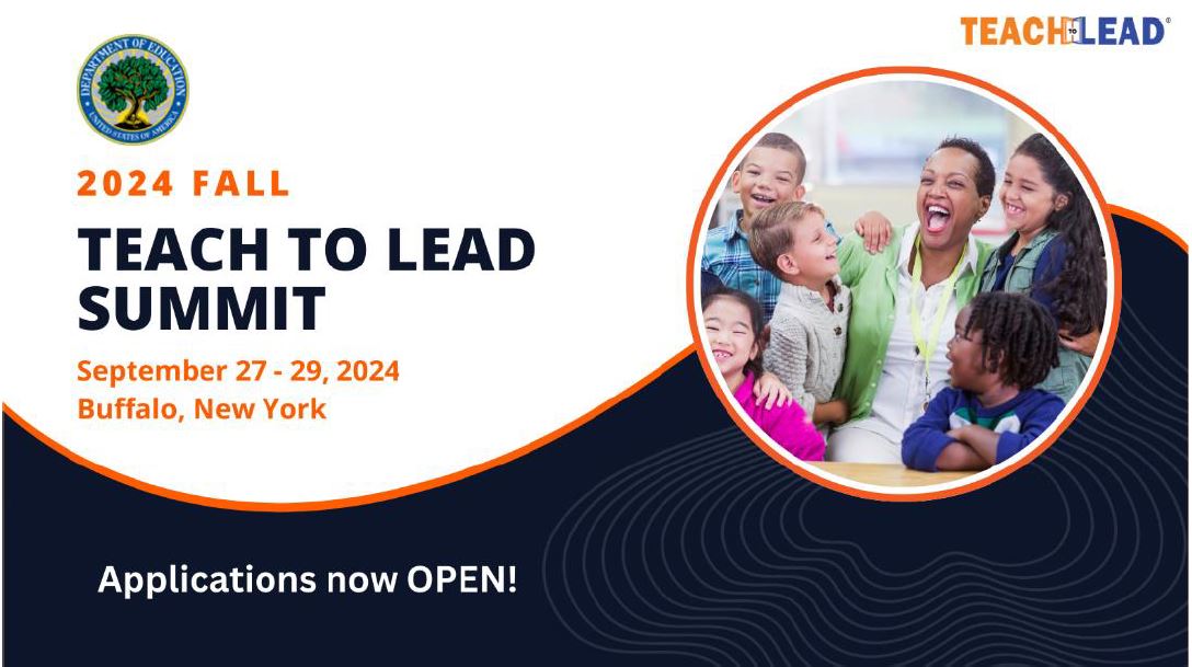 Teach to Lead (@teachtolead) on Twitter photo Apply now for the Fall 2024 Teach to Lead Summit, hosted by the U.S. Department of Education! Teams working on innovative projects to improve the educator experience and expand opportunities to elevate the profession should apply! Learn more and apply at bit.ly/42PZxUJ Apply now for the Fall 2024 Teach to Lead Summit, hosted by the U.S. Department of Education! Teams working on innovative projects to improve the educator experience and expand opportunities to elevate the profession should apply! Learn more and apply at bit.ly/42PZxUJ