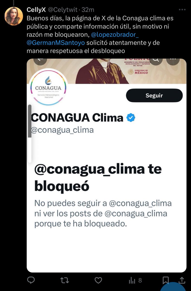 paopassan's tweet photo. Desbloqueen a los ciudadanos: no pueden bloquearnos por correcciones de contenido impreciso. Son una PAGINA DE GOBIERNO tienen la obligación de dar la información PRECISA, no incorrecta. @lopezobrador_ @GermanMSantoyo @Claudiashein @conagua_mx @conagua_clima https://t.co/JVwiMLriST