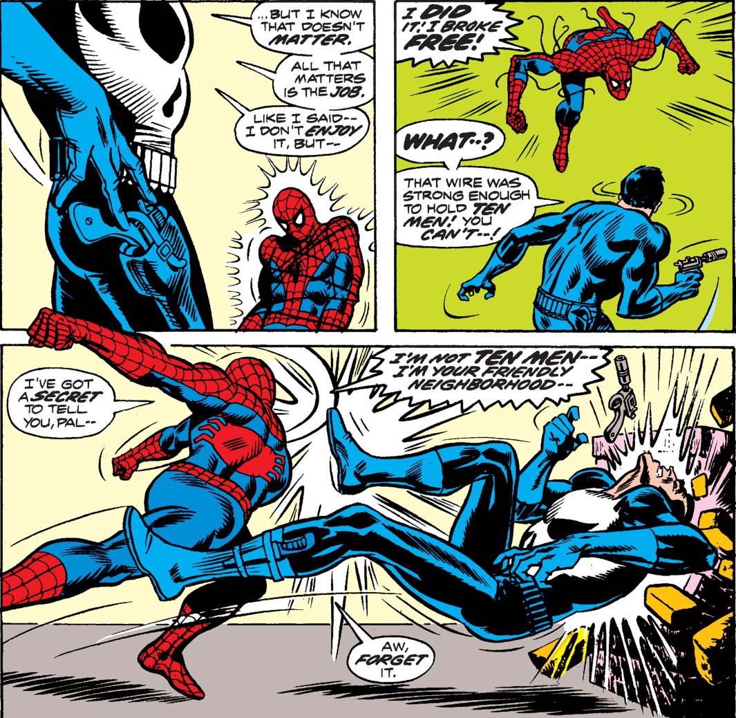 MarvelADay's tweet photo. #MarvelADay #ASM129
The non-super powered Punisher leans heavily into surprise to try and carry the fight against Spider-Man. Even with that, and even with the Punisher's toys, he can't put up much of a fight against a guy with the proportionate strength of a spider.
JH https://t.co/Gu2wr8RsfR