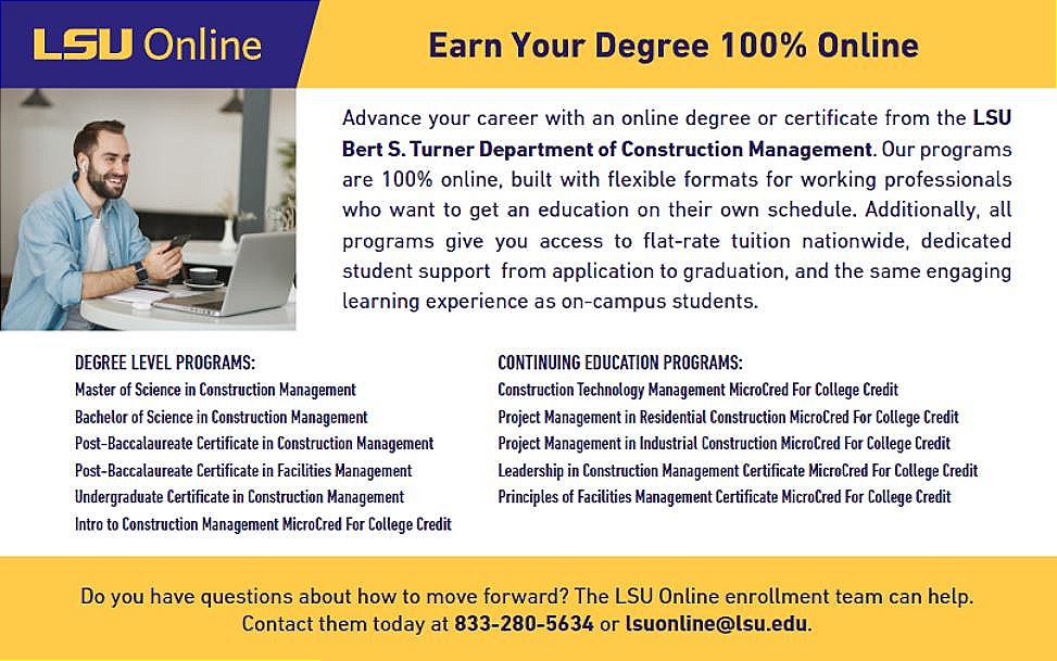 LSUCM's tweet photo. Earn your degree 100% Online! #GeauxBuild https://t.co/2To2LoM5qg