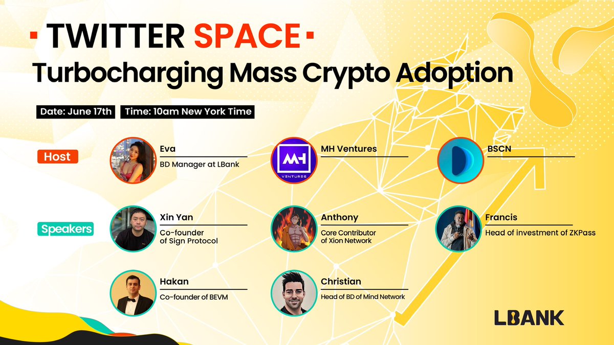 LBank_Exchange's tweet image. 🎬LBank #XSpaces 

Topic: Turbocharging Mass #Crypto Adoption

🎧Join us on June 17th, 2pm UTC for a Twitter Space you won’t want to miss 

🎙️Hosted by: @vavayolo, @MH_Ventures &amp;amp; @BSCNews 
 
🥂Hear insights from our great guests:
@realyanxin Co-founder of…