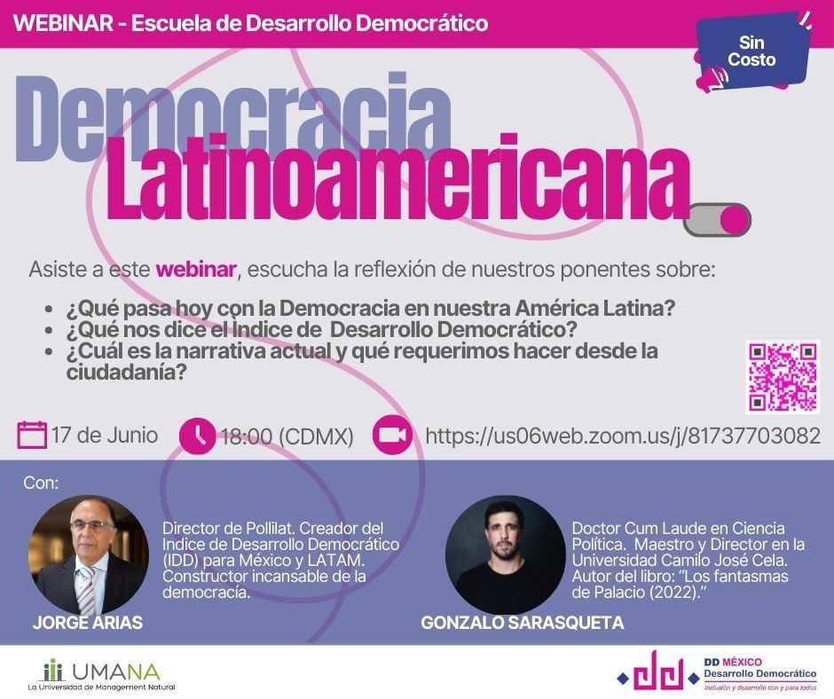 Ven a esta charla sobre Democracia Latinoamericana con <a href="/jorgeariasf/">Jorge Arias F</a> y Gonzalo Sarasqueta y conoce además de que va el Diolomado en Desarrollo Democratico que UMANA y DDMexico lanzan el 12 de Agosto.