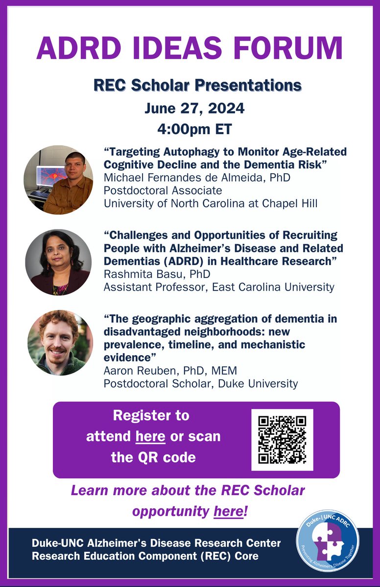 REC_dukeuncadrc's tweet photo. What are our REC Scholars researching in the #Alzheimers space? 

Learn more at the next IDEAS Forum, on Thursday, June 27 at 4pm. Register here: https://t.co/0SuzTqfgAw

@aaronreuben @DukePsychNeuro @TheSchislerLab @ECUDPH @Duke_UNC_ADRC @UNCGeriatrics https://t.co/UOC55TLXoZ