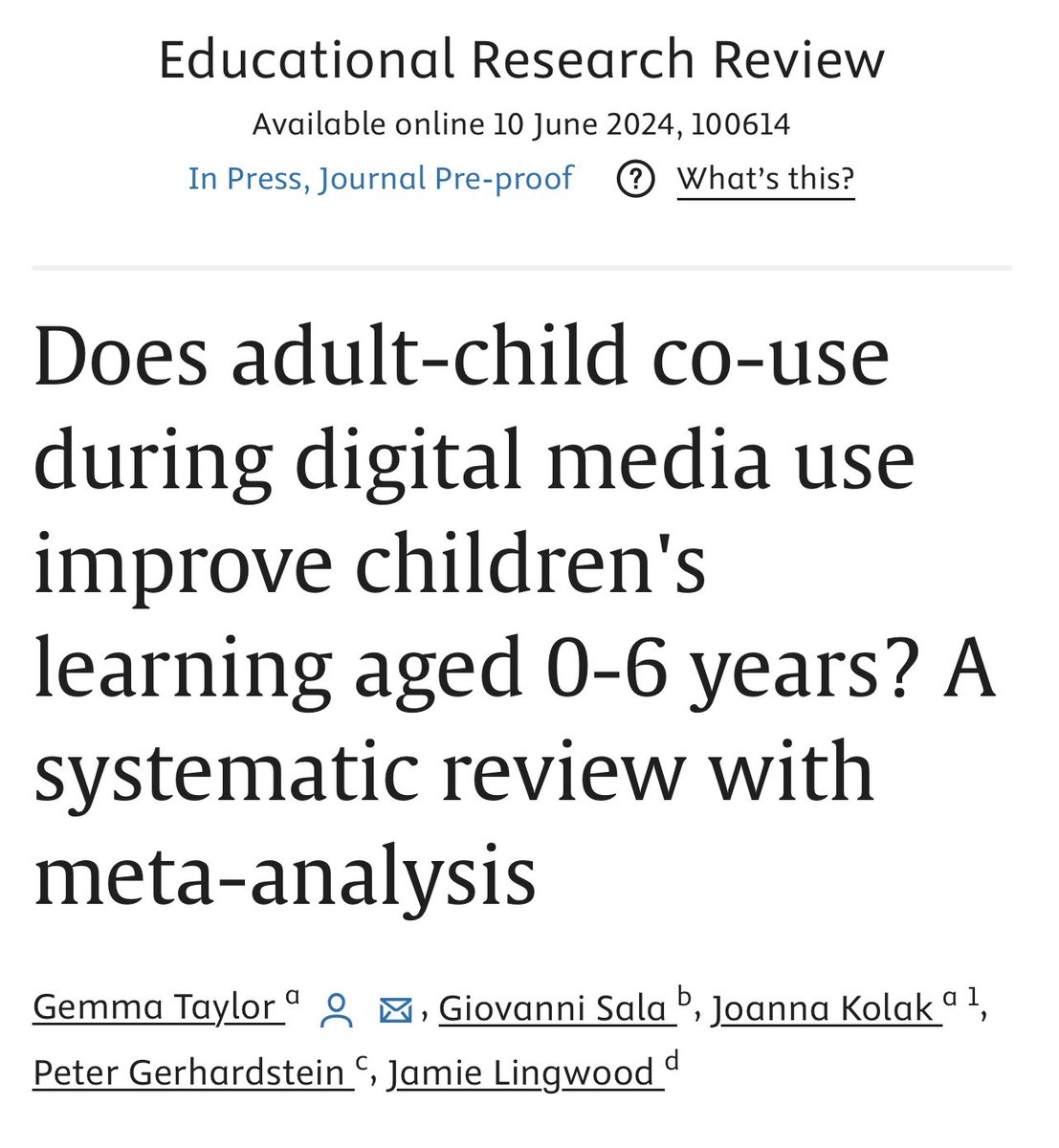 Hot off the press - our new meta-analysis!
We found a small effect of adult-child media co-use on children’s learning (based on 17 studies).
Studies were limited by small sample sizes and lack of variety in design. 
<a href="/Gemma_Taylor1/">Dr Gemma Taylor</a> <a href="/LingwoodJamie/">Jamie Lingwood</a> <a href="/gs1897/">GiovanniSala1897</a> 
shorturl.at/u5GrQ