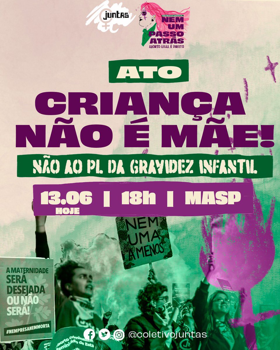 VAMOS DAR UMA RESPOSTA NAS RUAS!

Em São Paulo hoje tem ato. Às 18h, no MASP!

Criança não é mãe! Estuprador não é pai! #PL1904Não #CriançaNãoÉMae #PLdaGravidezInfantil <a href="/coletivojuntas/">Juntas! #AbortoLegalJá 🌿</a>